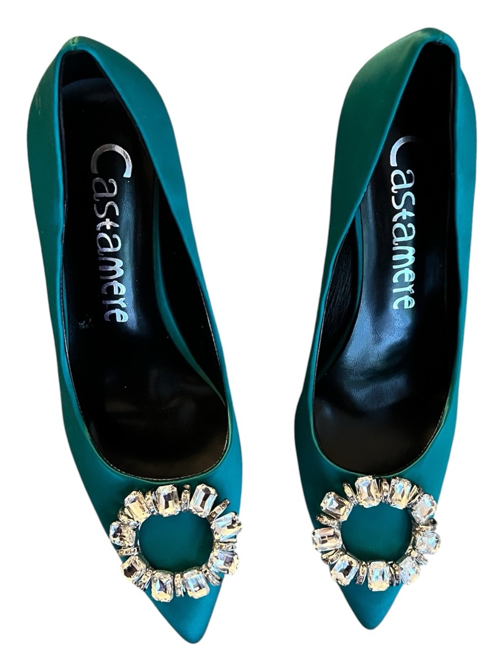 Teal Green Satin Rhinestone Pumps Women’s Size 10 Pointed Toe 3” Heel